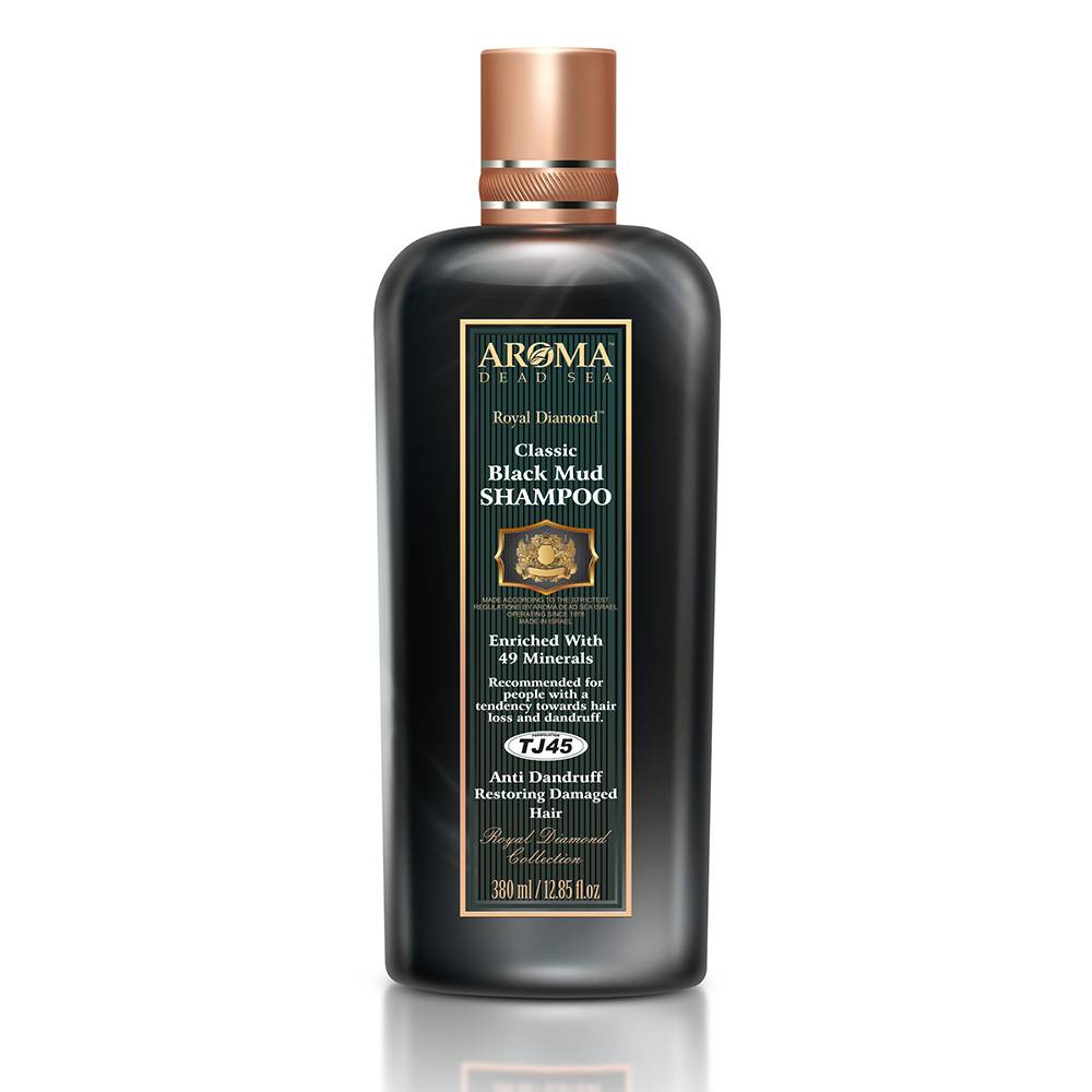 A Bottle of Anti-Dandruff and Hair-Loss Black Mud Shampoo with Dead Sea minerals and plant extracts by Aroma dead Sea
