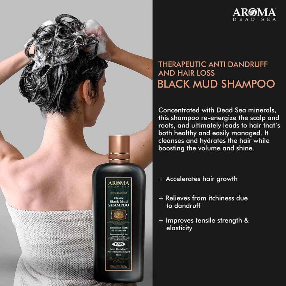 A Bottle of Anti-Dandruff and Hair-Loss Black Mud Shampoo with Dead Sea minerals and plant extracts by Aroma dead Sea
